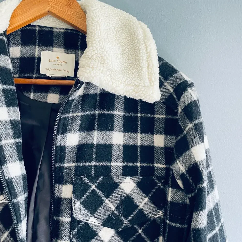 Kate Spade Wool Plaid Jacket XS Full Zip Fringe Sherpa Black White Western